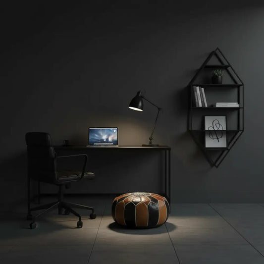 Moroccan Leather Ottoman in Dark Office