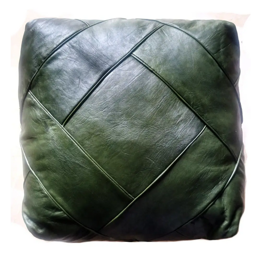 Moroccan Leather Ottoman - Zellige Mosaic Design - Olive Green