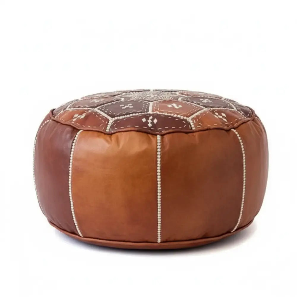 Moroccan Leather Tile Ottoman - Tan
