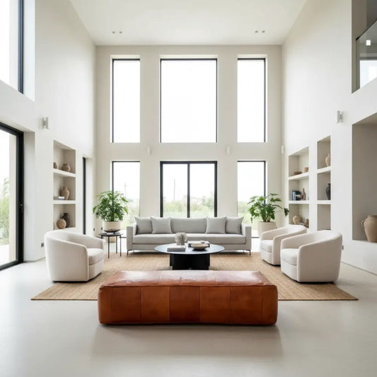 X Large Rectangular Leather Ottoman - Brown Caramel in Spacious Modern Living Room