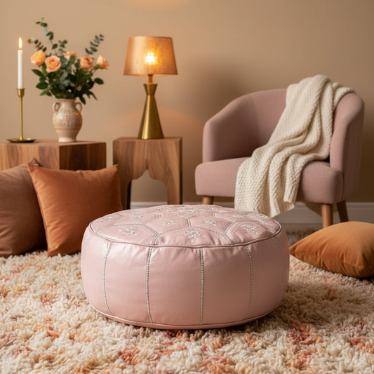 Moroccan Leather Tile Ottoman Soft Pink in Warm Interior