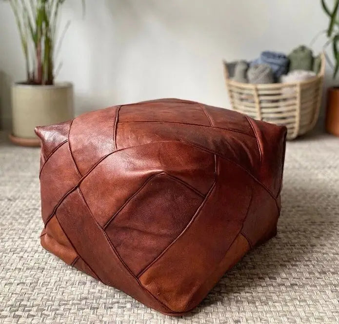 BROWN SQUARE LEATHER OTTOMAN - ZELLIGE MOSAIC DESIGN