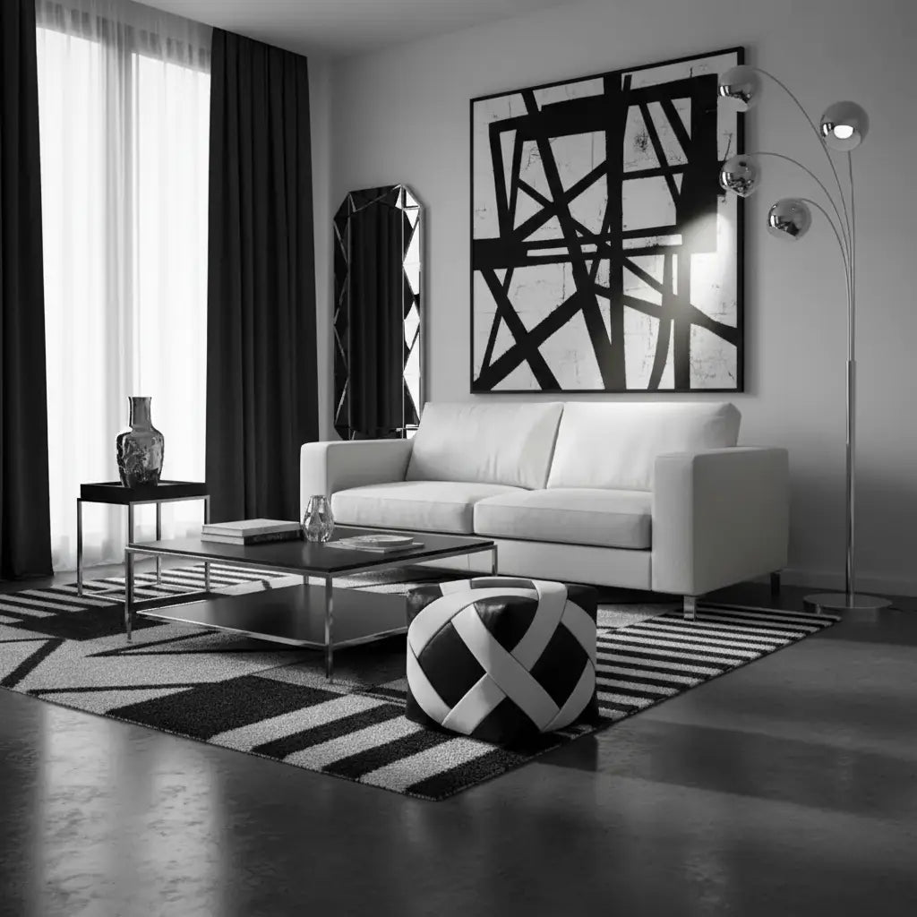 Black and White Zellige Ottoman - Contemporary Monochrome Setting