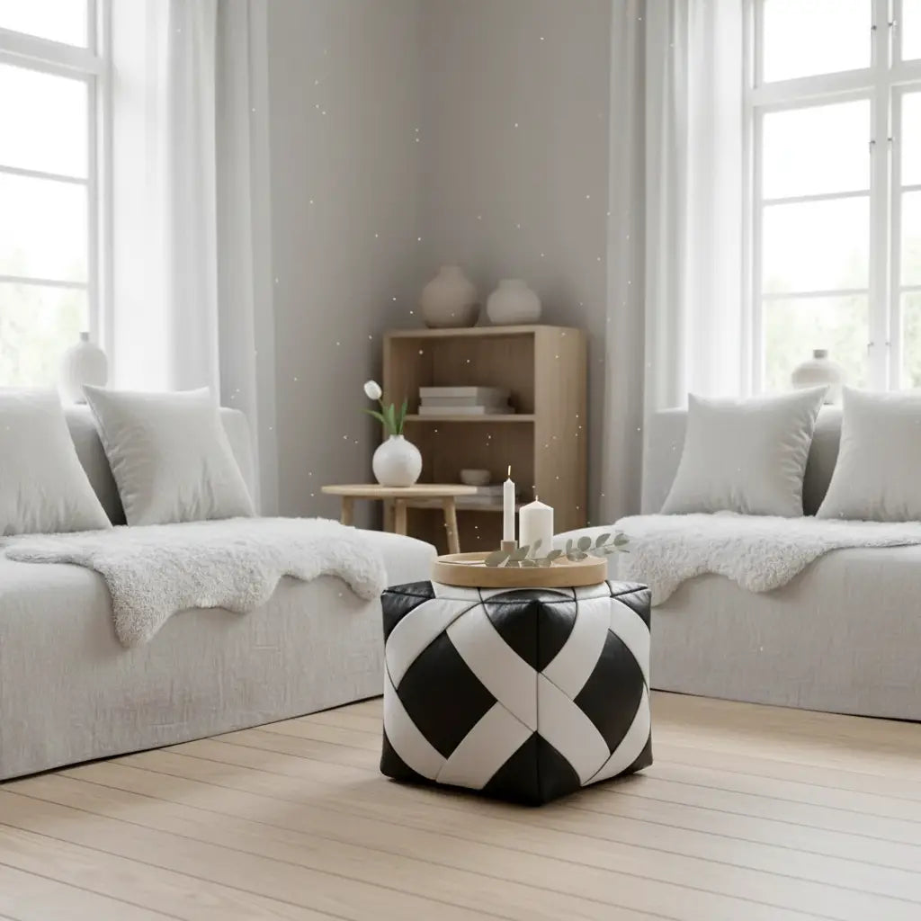 Black and White Zellige Ottoman - Scandinavian Setting