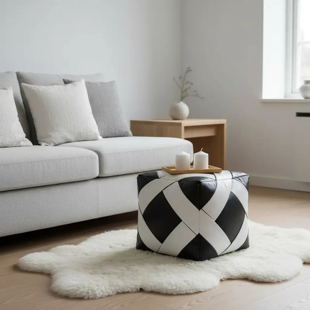 Black and White Zellige Ottoman - Scandinavian Setting