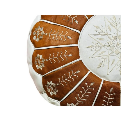 Dual Color Moroccan Leather Ottoman - Arch Design - White and Tan