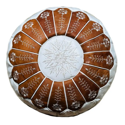 Dual Color Moroccan Leather Ottoman - Arch Design - White and Tan