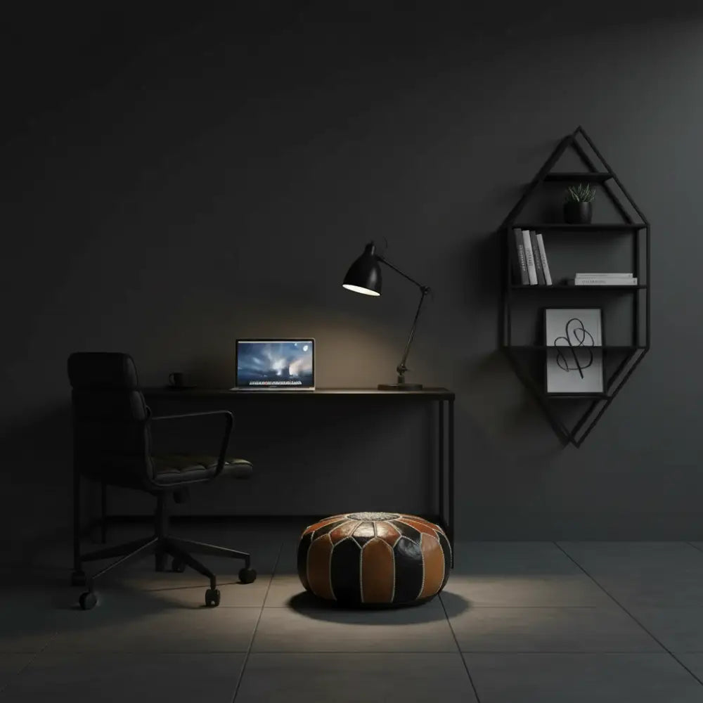 Moroccan Leather Ottoman in Dark Office