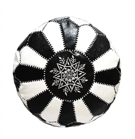 Dual Color Moroccan Leather Ottoman - Traditional Design - Black and White