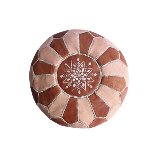 Dual Color Moroccan Leather Ottoman - Traditional Design - Natural and Caramel