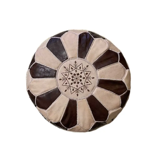 Dual Color Moroccan Leather Ottoman - Traditional Design - Natural and Brown