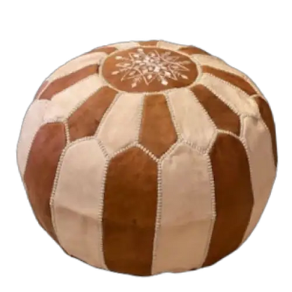 Dual Color Moroccan Leather Ottoman - Traditional Design - Natural and Caramel