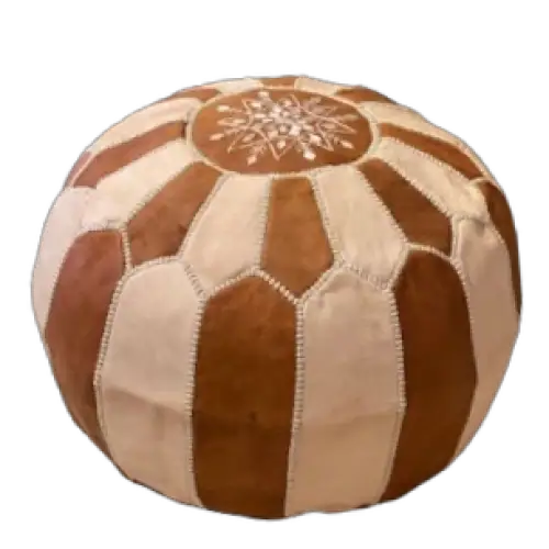 Dual Color Moroccan Leather Ottoman - Traditional Design - Natural and Caramel