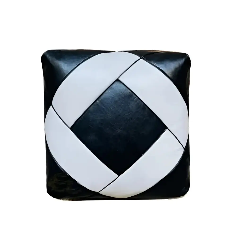 Dual Color Moroccan Leather Ottoman - Zellige Mosaic Design - Black and White