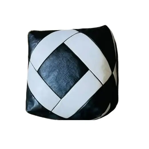 Dual Color Moroccan Leather Ottoman - Zellige Mosaic Design - Black and White