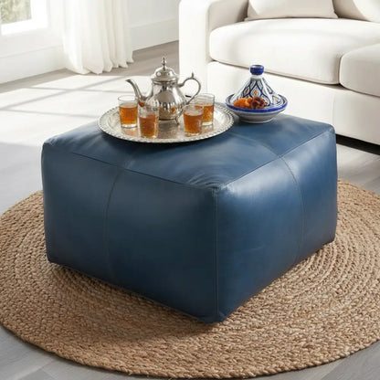 Large Square Blue Leather Ottoman - Coffee Table