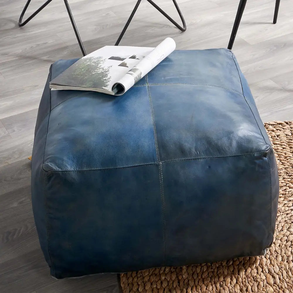 Moroccan Leather Large Ottoman - Square - Blue - Coffee Table