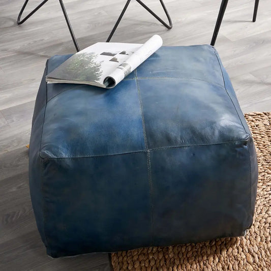 Moroccan Leather Large Ottoman - Square - Blue - Coffee Table