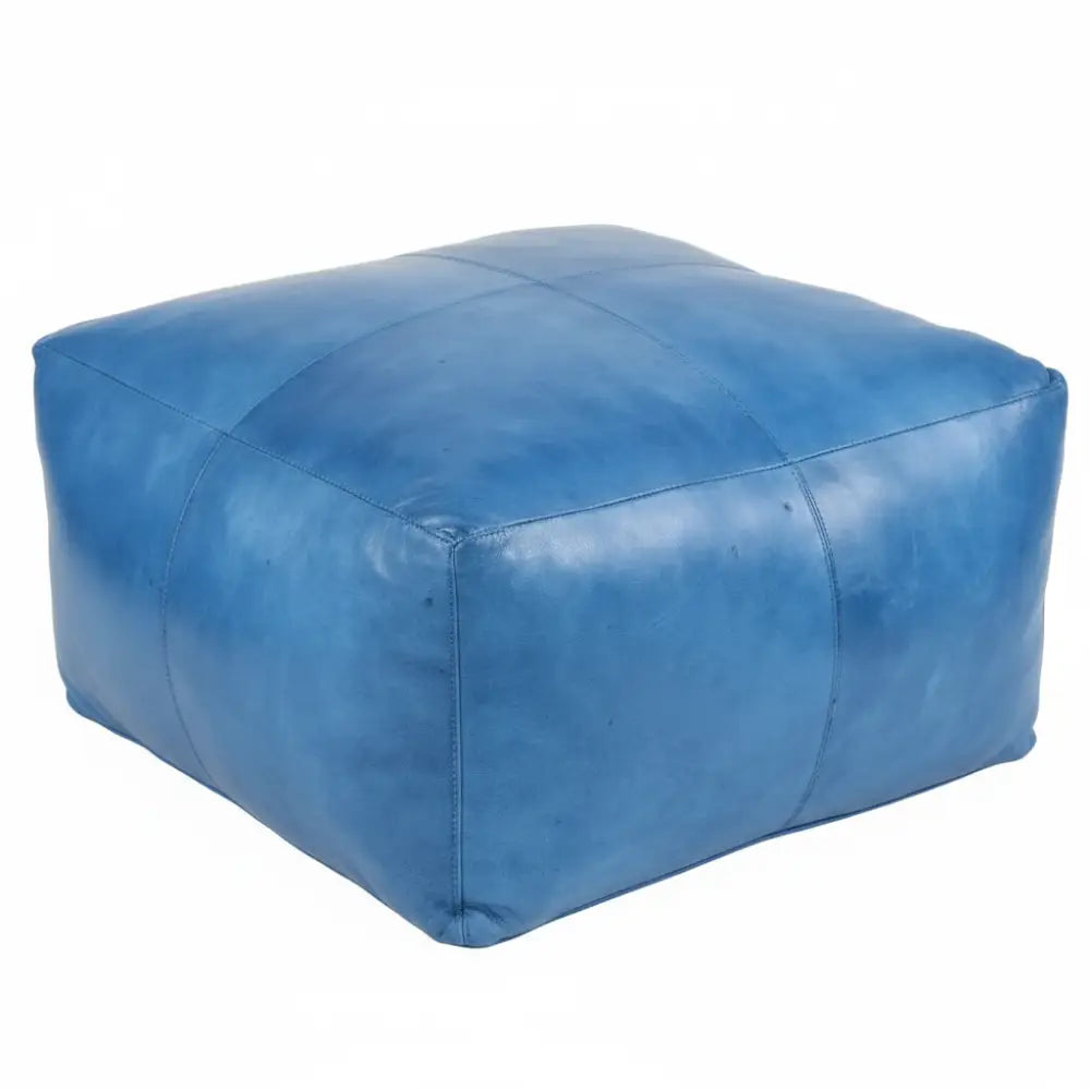 Large Square Blue Leather Ottoman - Lighter Blue with Authentic Texture