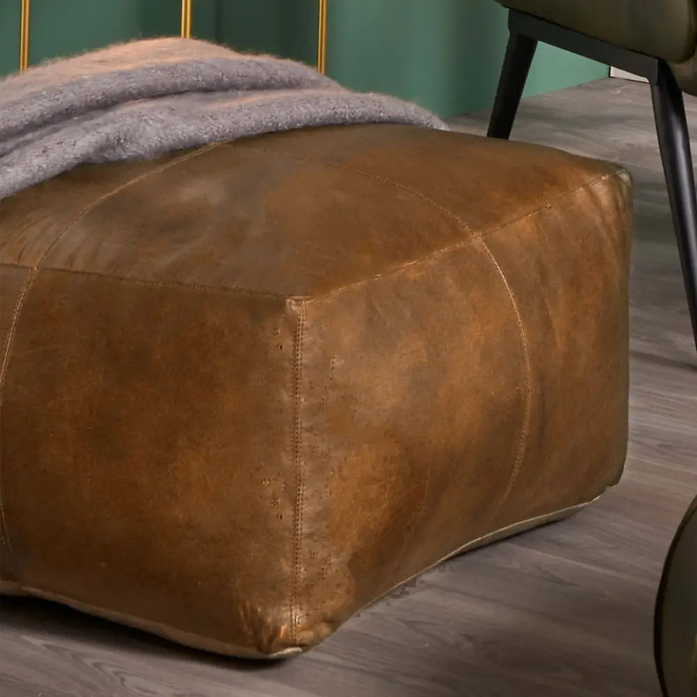 Moroccan Leather Large Ottoman - Square - Light Brown - Coffee Table