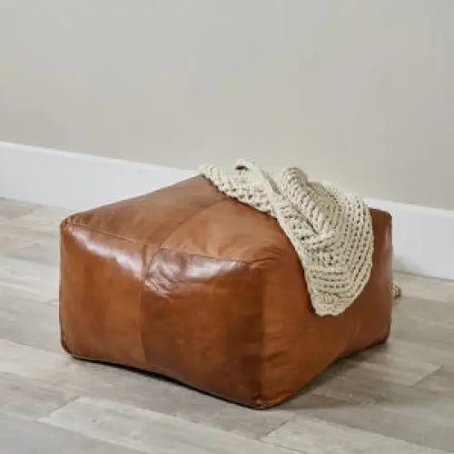 Moroccan Leather Large Ottoman - Square - Light Brown - Coffee Table