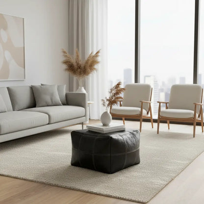 Large Square Black Ottoman with Chessboard Pattern