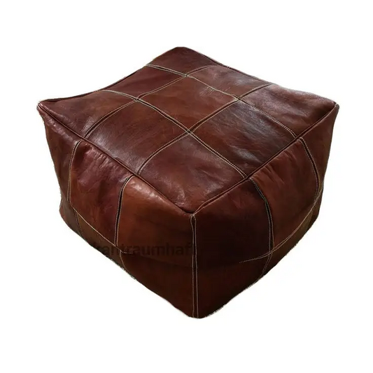 Moroccan Leather Large Ottoman - Square - Brown - Chessboard