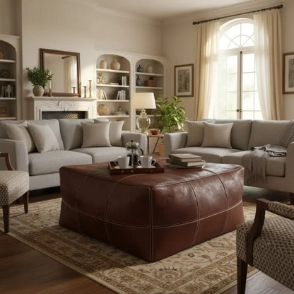 Moroccan Leather Large Ottoman - Square - Brown - Chessboard - H18’’ x L36’’ x W36’’