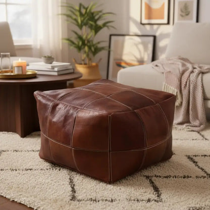 Moroccan Leather Large Ottoman - Square - Brown - Chessboard - H20’’ x L30’’ x W30’’