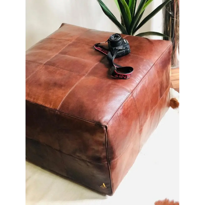 Moroccan Leather Large Ottoman - Square - Light Brown - Chessboard