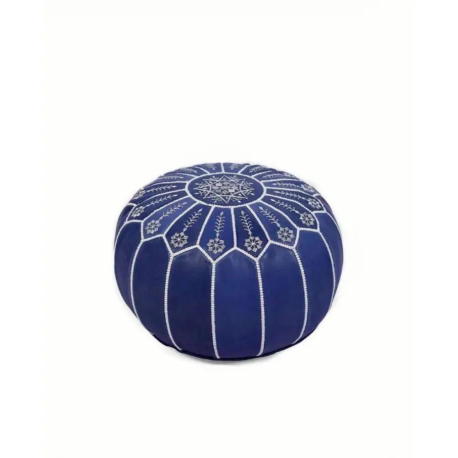 Moroccan Leather Ottoman - Arch Design - Blue with Beige Threads