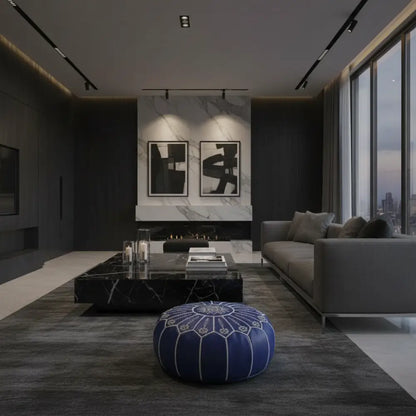 Moroccan Leather Ottoman - Luxurious Dark Modern Decor