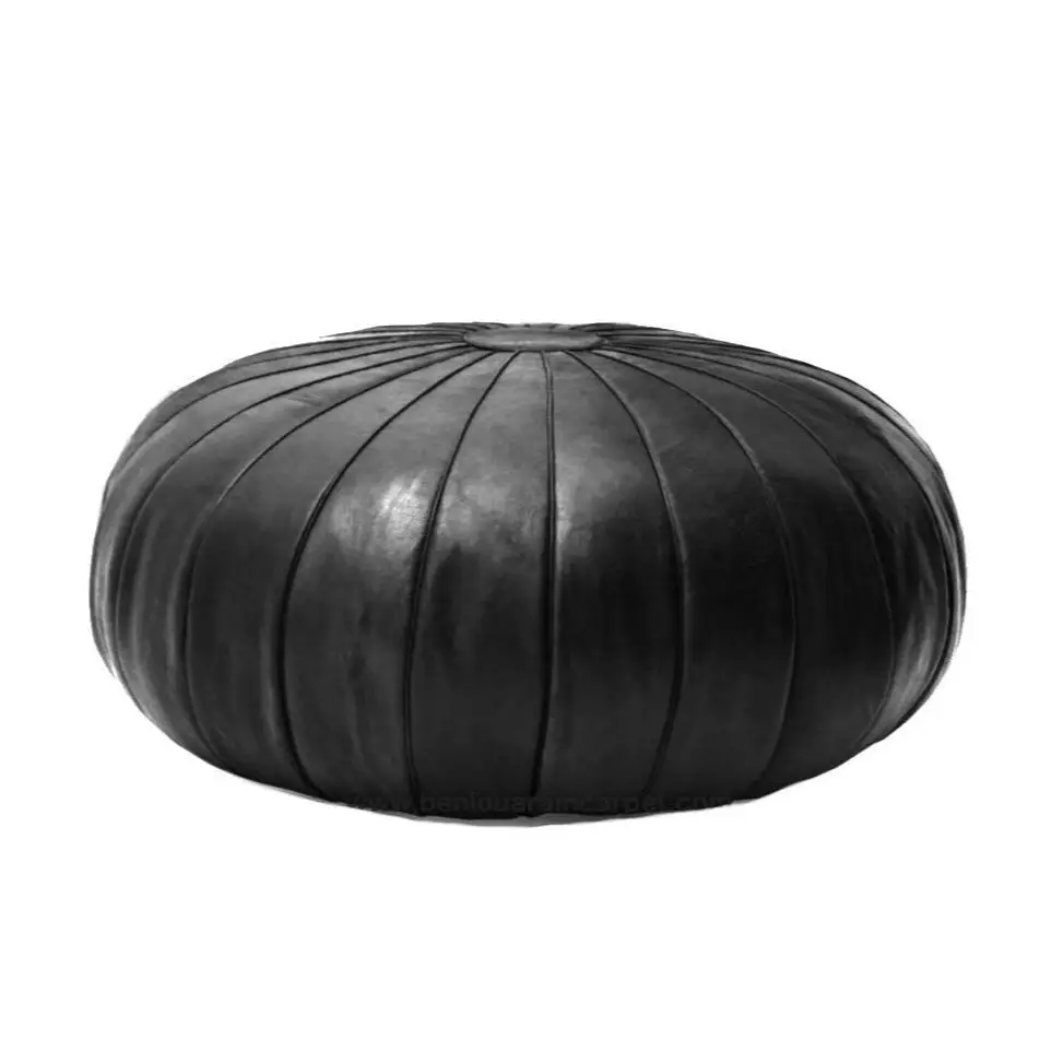 Moroccan Leather Ottoman - Pumpkin Design - Black