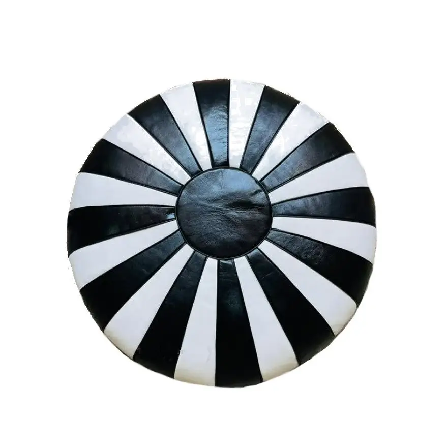 Moroccan Leather Ottoman - Pumpkin Design - Black and White