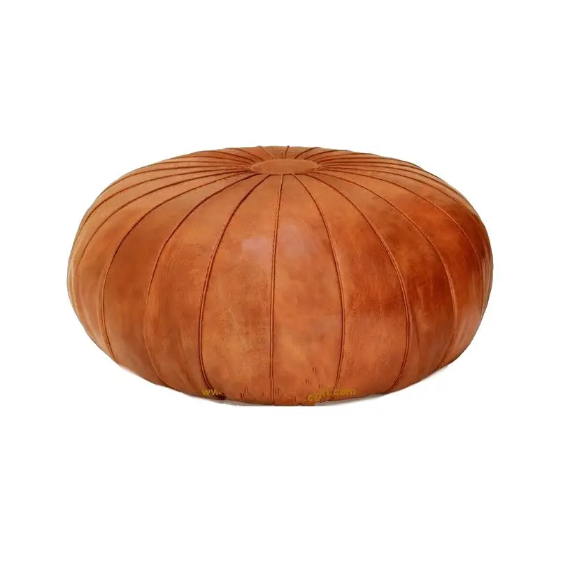 Moroccan Leather Ottoman - Pumpkin Design - Tan