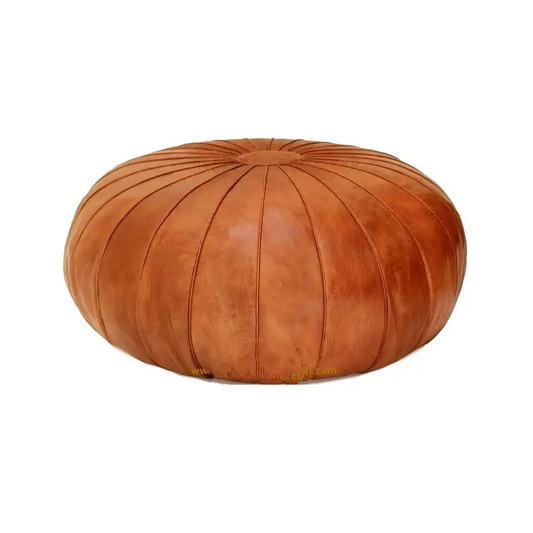 Moroccan Leather Ottoman - Pumpkin Design - Tan