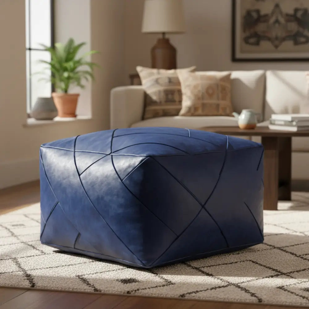 Blue Zellige Mosaic Ottoman with Authentic Leather Texture