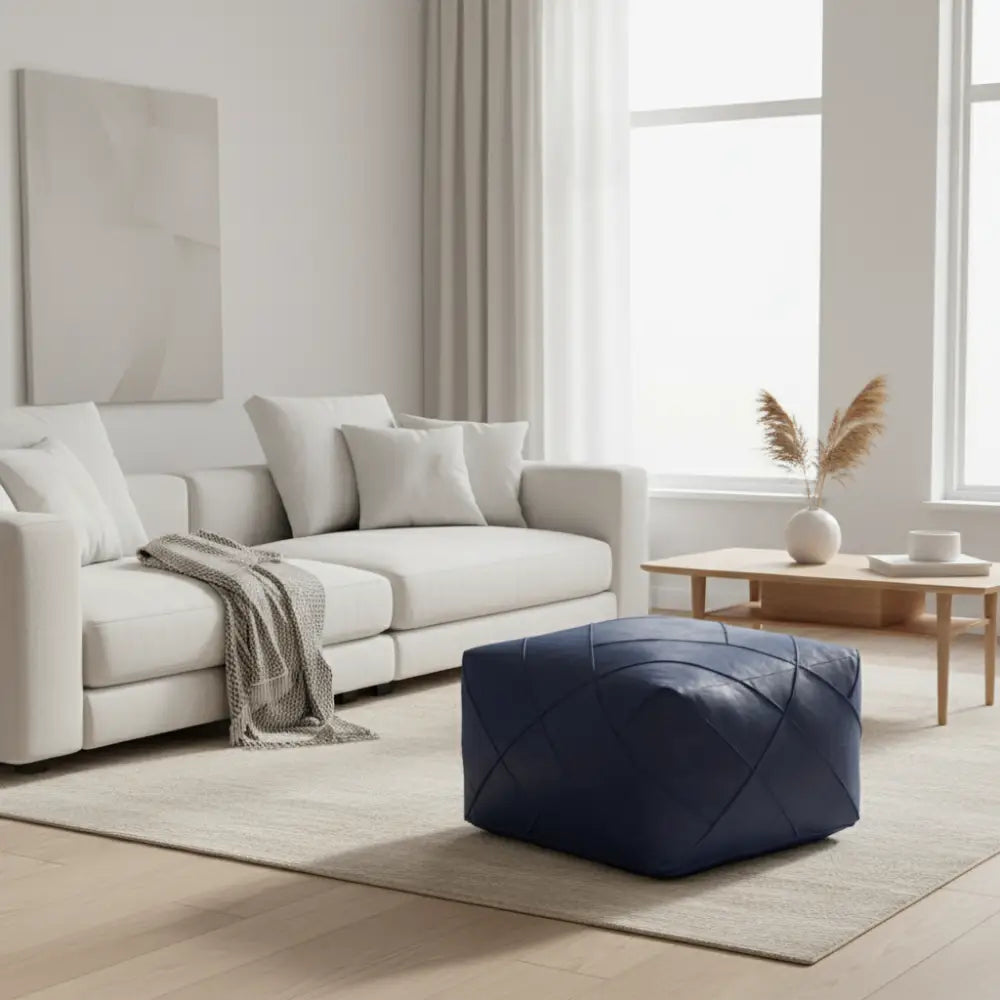 Blue Zellige Mosaic Ottoman - Minimalist Living Room Banner