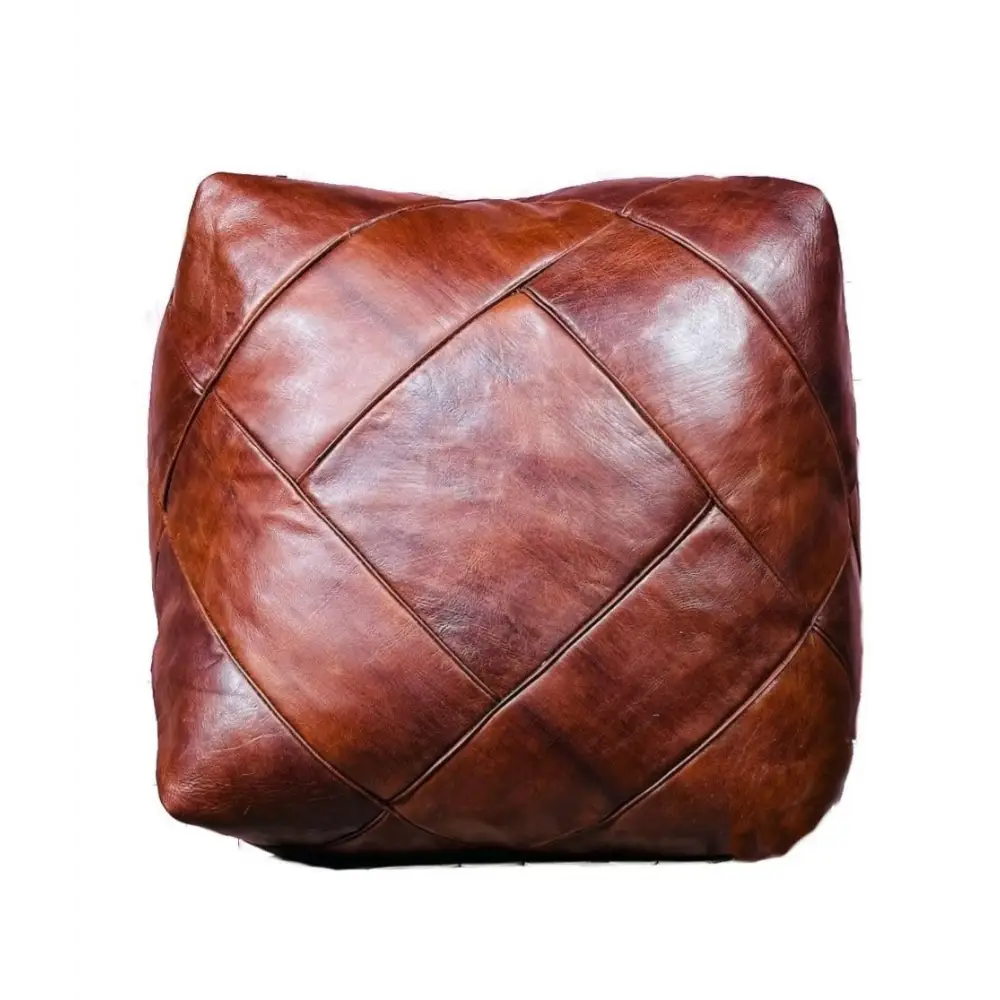 Moroccan Leather Ottoman - Zellige Mosaic Design - Brown Caramel