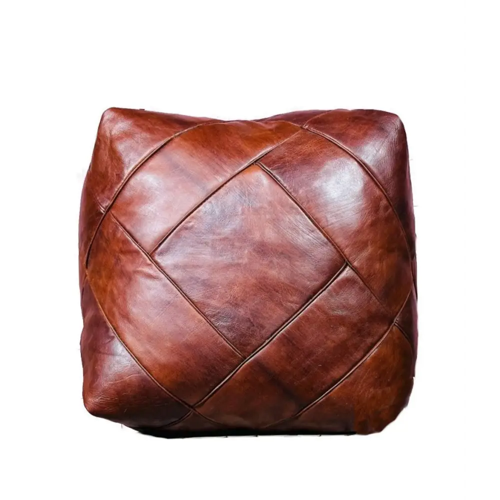 Moroccan Leather Ottoman - Zellige Mosaic Design - Brown Caramel