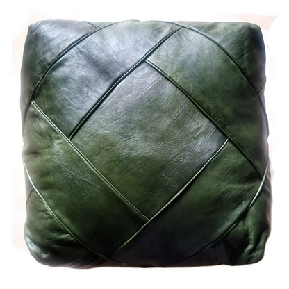 Moroccan Leather Ottoman - Zellige Mosaic Design - Olive Green