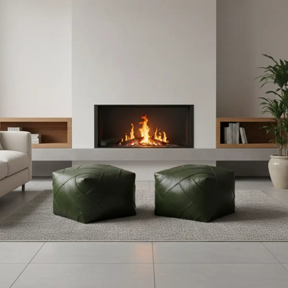 Olive Green Zellige Mosaic Ottoman Pair - Fireplace Setting