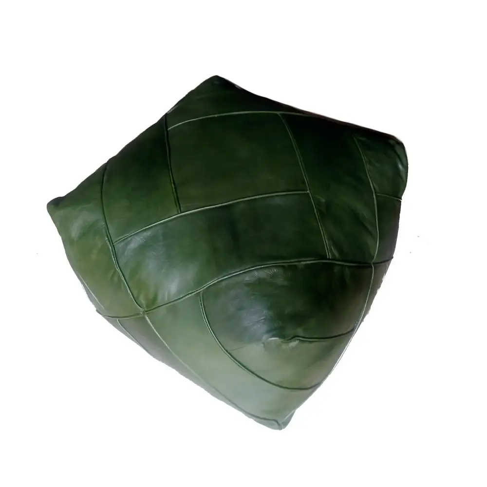 Moroccan Leather Ottoman - Zellige Mosaic Design - Olive Green