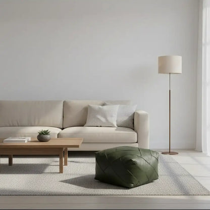 Olive Green Zellige Mosaic Ottoman - Minimalist Living Room Banner