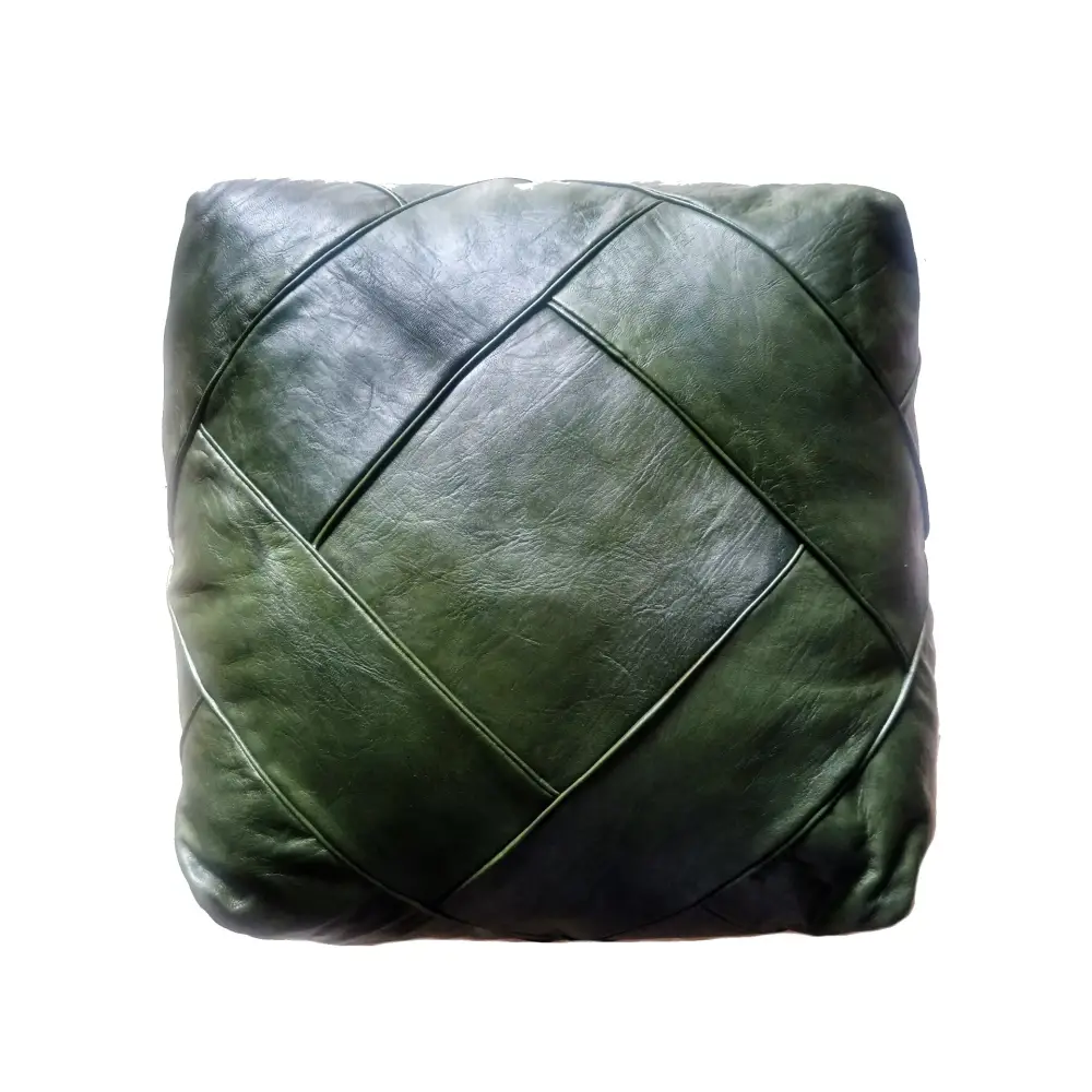 Moroccan Leather Ottoman - Zellige Mosaic Design - Olive Green