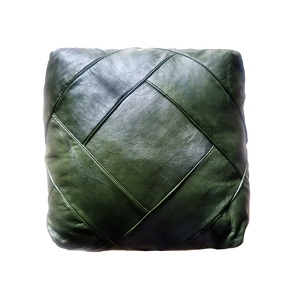 Moroccan Leather Ottoman - Zellige Mosaic Design - Olive Green