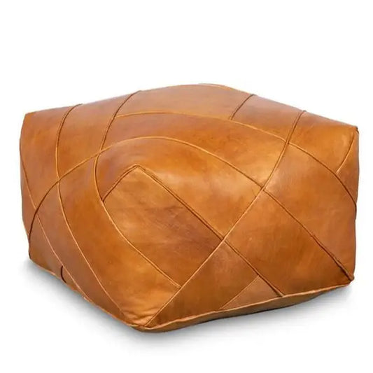 Moroccan Leather Ottoman - Zellige Mosaic Design - Tan