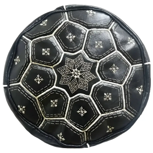 Moroccan Leather Tile Ottoman - Black