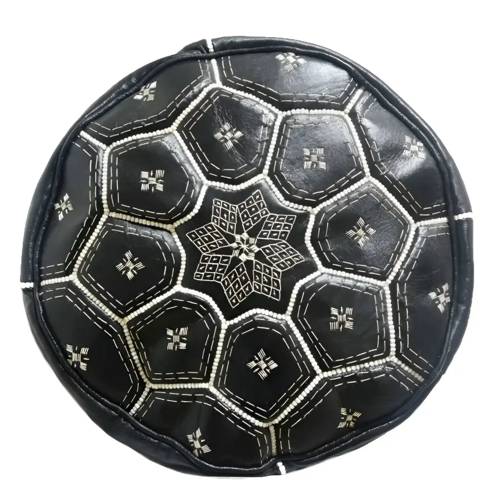 Moroccan Leather Tile Ottoman - Black