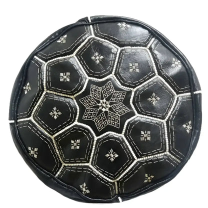 Moroccan Leather Tile Ottoman - Black